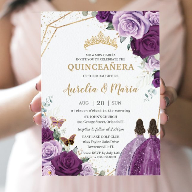 Invitación Quinceañera Lilac Gemelos florales de ciruela mora (Subido por el creador)