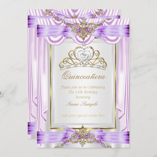 Invitación Quinceanera Lilac Lavender Purple Gold White (Anverso / Reverso)