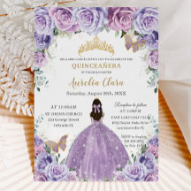 Quinceañera Lilac Morado Floral Mariposas de Oro