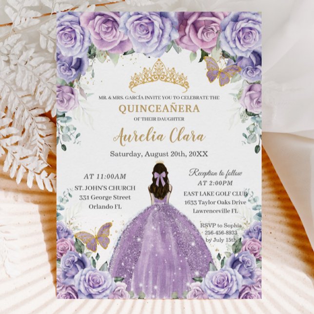 Invitación Quinceañera Lilac Morado Floral Mariposas de Oro (Subido por el creador)