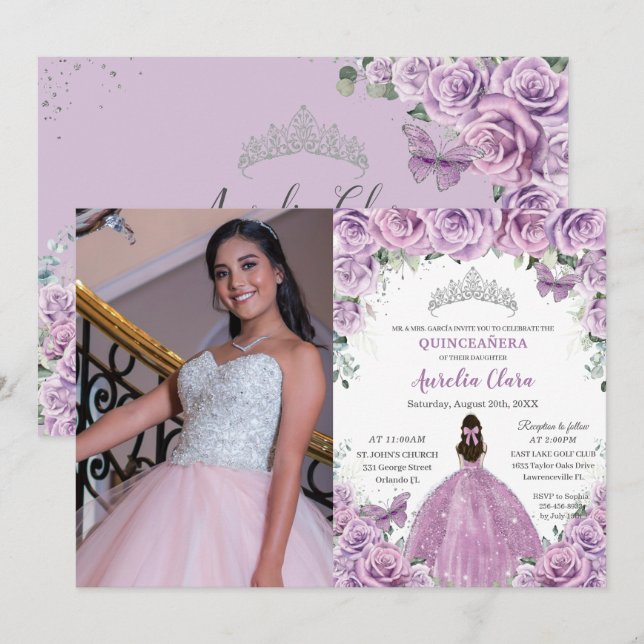 Invitación Quinceañera Lilac Morado Flores Mariposas Corona (Anverso / Reverso)