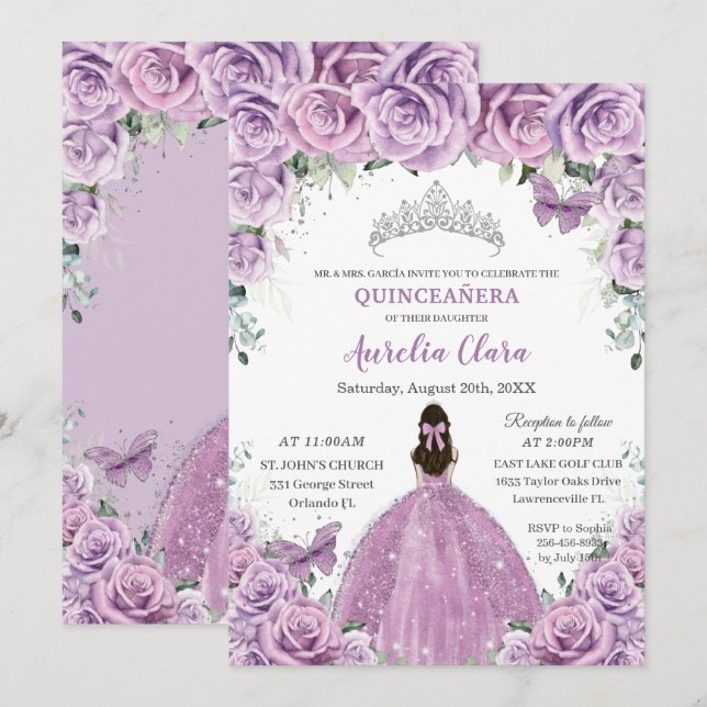 Invitación Quinceañera Lilac Morado Flores Mariposas Corona (Anverso / Reverso)