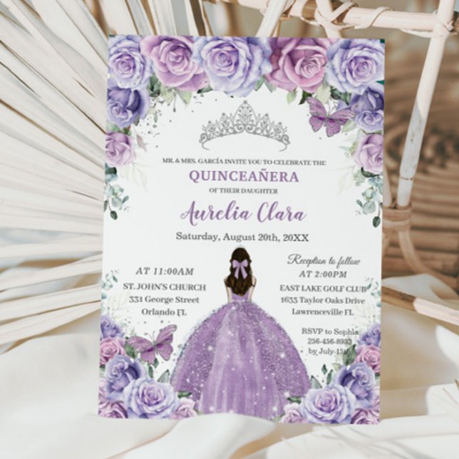 Invitación Quinceañera Lilac Morado Flores Mariposas Corona (Subido por el creador)
