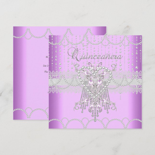 Invitación Quinceanera Lilac Perla Rosa Diamante (Anverso / Reverso)