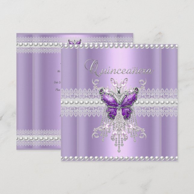 Invitación Quinceanera Lilac Perla Rosada Mariposa (Anverso / Reverso)