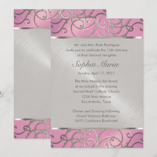 Invitación Quinceanera Lilac Pink and Silver Filigree Swirls