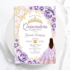 Invitación Quinceanera Lilac Purple Gold Floral