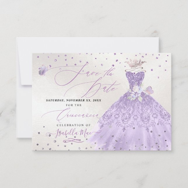 Invitación Quinceanera Lilac Purple Purpurina Gown Save Date (Anverso)