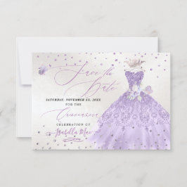Invitación Quinceanera Lilac Purple Purpurina Gown Save Date