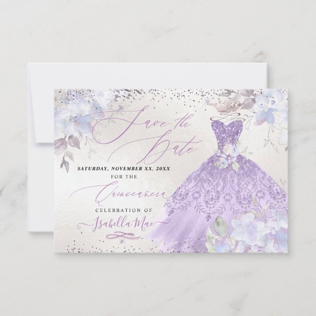 Invitación Quinceanera Lilac Purple Purpurina Gown Save Date (Anverso)