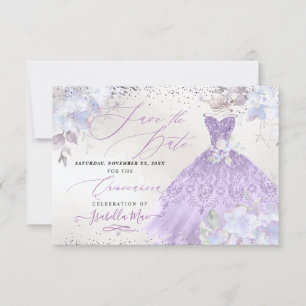 Invitación Quinceanera Lilac Purple Purpurina Gown Save Date