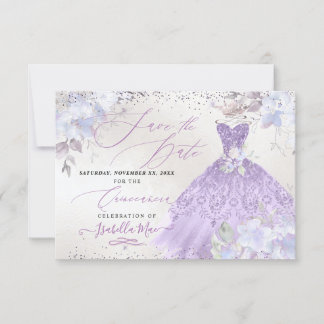 Invitación Quinceanera Lilac Purple Purpurina Gown Save Date