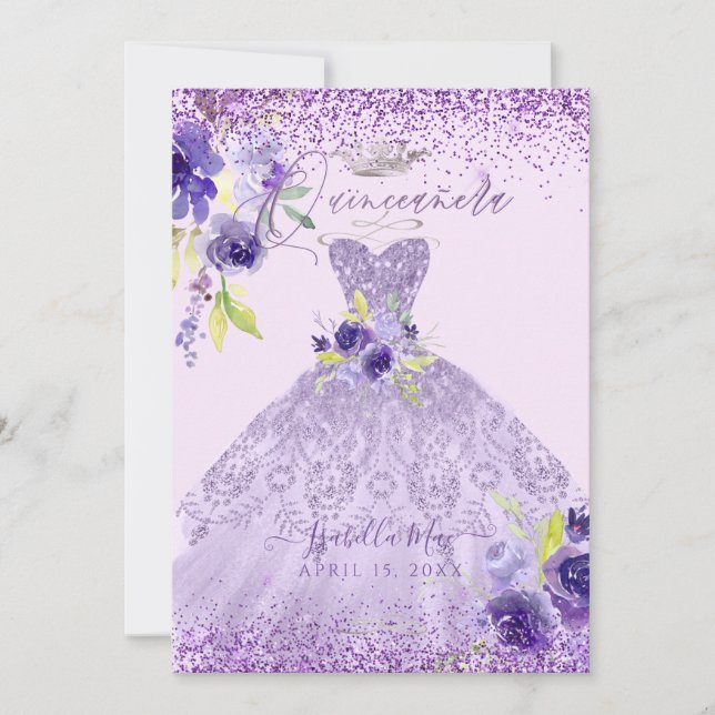 Invitación Quinceanera Lilac Purpurina Gown Invito (Anverso)