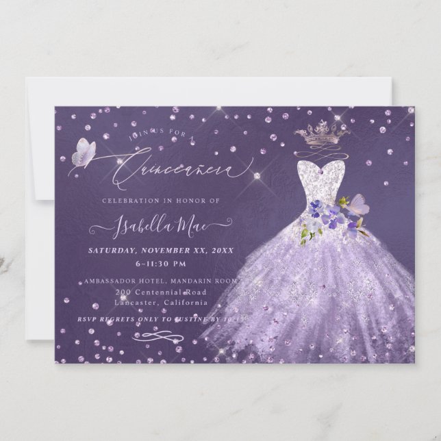 Invitación Quinceanera Lilac Purpurina Gown Invito (Anverso)