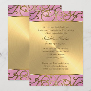 Invitación Quinceanera Lilac Rosa y Gold Filigree Swirls