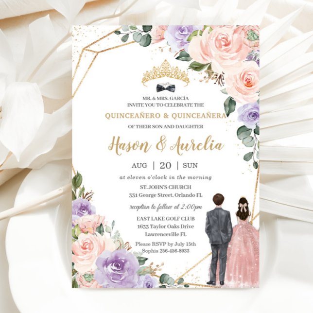 Invitación Quinceañera Lilac Rubor Floral Twins Boy Chica (Subido por el creador)