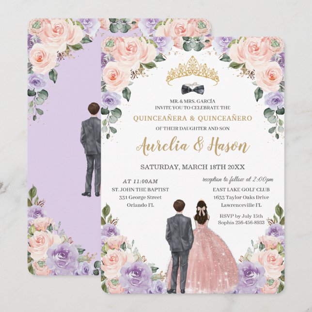 Invitación Quinceañera Lilac Rubor Flores gemelas Chica (Anverso / Reverso)