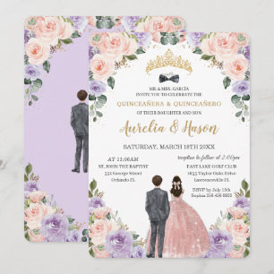 Invitación Quinceañera Lilac Rubor Flores gemelas Chica
