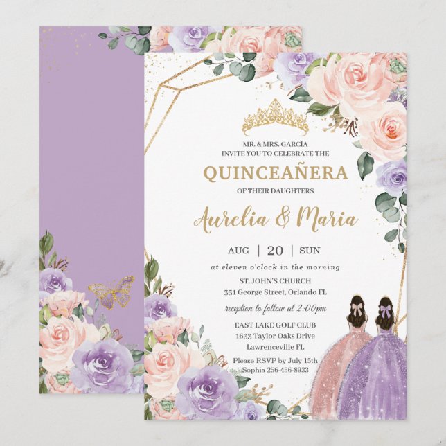 Invitación Quinceañera Lilac Rubor Rosa Floral Gemelos de Oro (Anverso / Reverso)