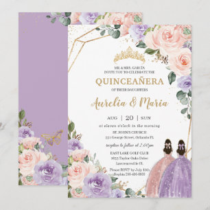 Invitación Quinceañera Lilac Rubor Rosa Floral Gemelos de Oro
