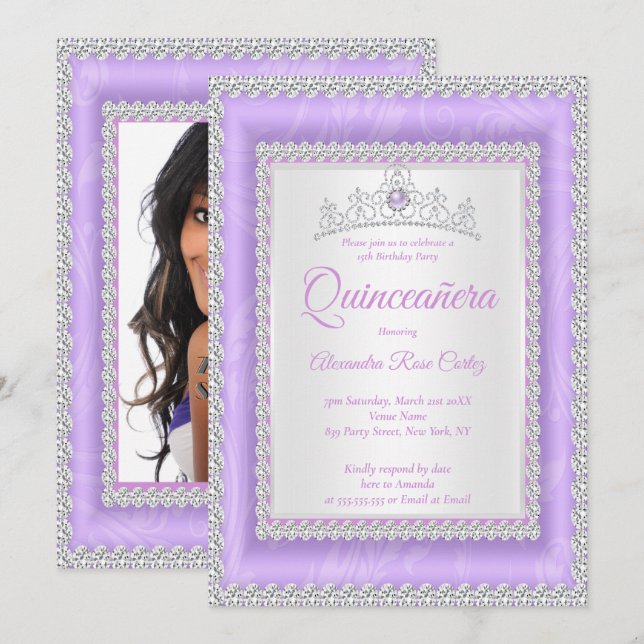 Invitación Quinceanera Lilac Tiara Foto Fiesta de cumpleaños (Anverso / Reverso)