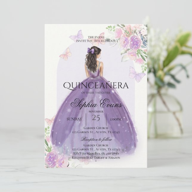 Invitación Quinceanera Lilac Vestido púrpura Princesa Floral (Anverso de pie)