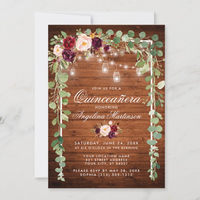 Invitación Quinceanera Luces Botánicas de Madera Floral (Anverso)