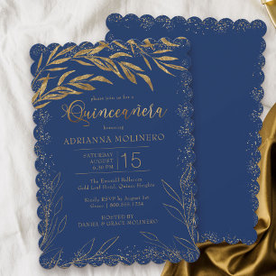 Invitación Quinceañera Lujo Azul Real y Hojas de Oro
