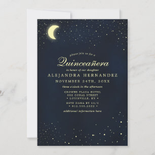 Invitación Quinceañera Luna Celeste Estrellas Azul Medianoche