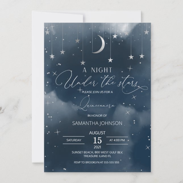 Invitación Quinceanera, Luna y Estrellas Quinceañe (Anverso)