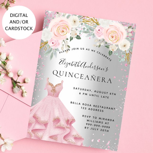 Invitación Quinceanera lustroso rosa brillante vestido glamur (Subido por el creador)
