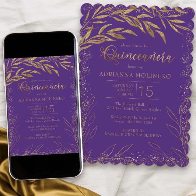 Invitación Quinceanera Luxury Purple and Gold deja Cumpleaños (Modern Quinceanera invitation in purple from my Gold Leaf Collection)