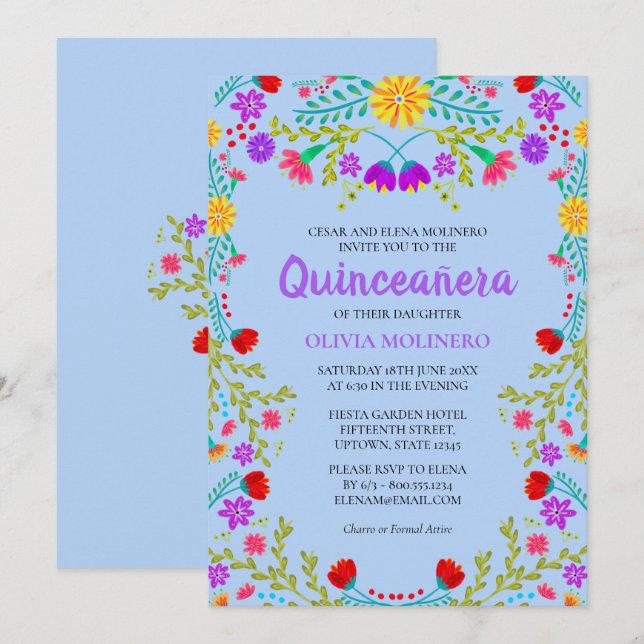 Invitación Quinceanera Luz Azul Flores Mexicanas Cumpleaños (Anverso / Reverso)