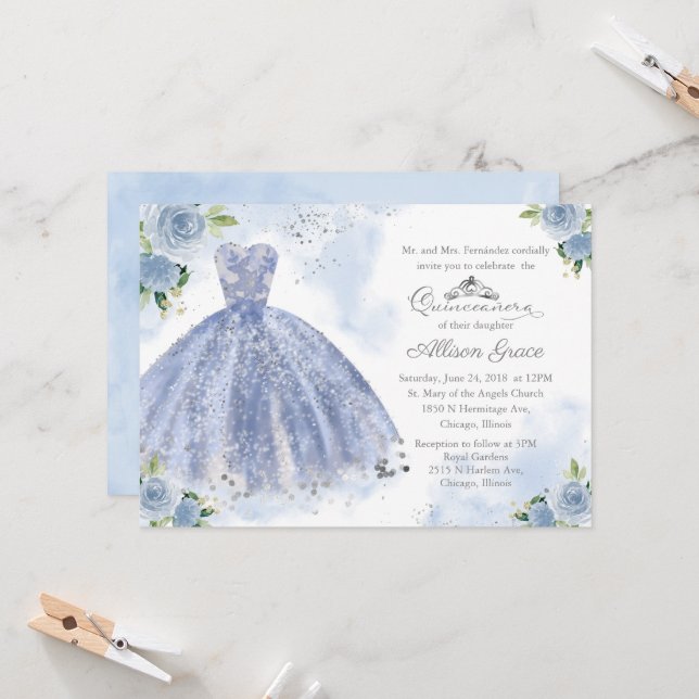 Invitación Quinceanera Luz de Plata Azul Guiso (Anverso/Reverso In Situ)