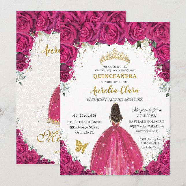 Invitación Quinceañera Magenta floral rosa caliente Princesa  (Anverso / Reverso)
