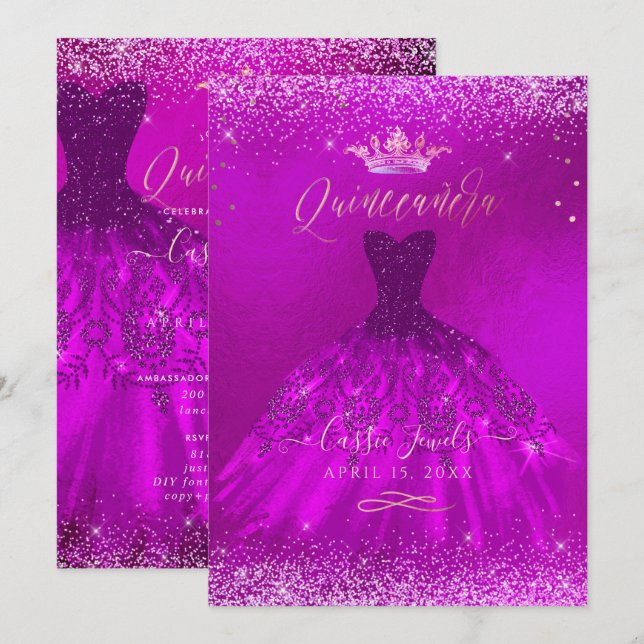 Invitación Quinceanera Magenta Gold Confetti+Princesa (Anverso / Reverso)