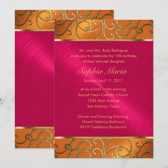 Invitación Quinceanera Magenta Naranja Rosa Oro Filigera (Anverso / Reverso)