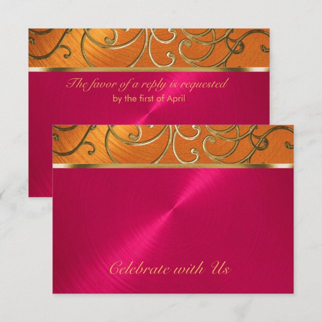 Invitación Quinceanera Magenta Naranja Rosa Oro Filigera (Anverso / Reverso)