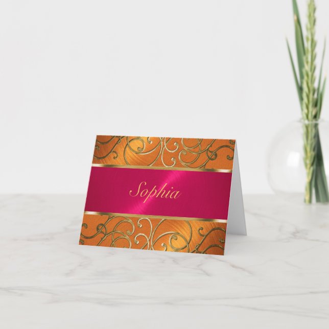 Invitación Quinceanera Magenta Naranja Rosa Oro Filigera (Anverso)