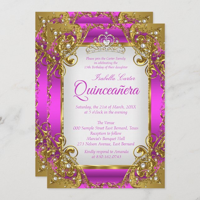 Invitación Quinceanera Magenta Perla Dorada Tiara Fiesta (Anverso / Reverso)