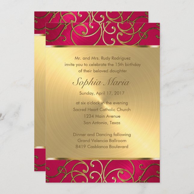 Invitación Quinceanera Magenta Pink and Gold Filigree Swirls (Anverso / Reverso)
