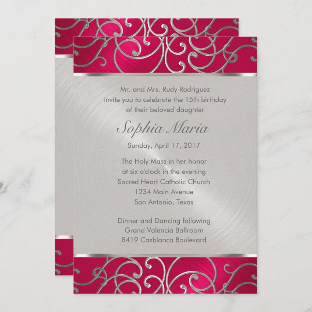 Invitación Quinceanera Magenta Plata Rosa Plata Piscina Filig (Anverso / Reverso)