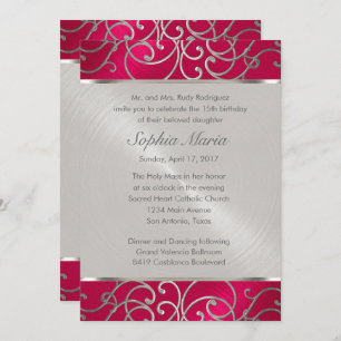 Invitación Quinceanera Magenta Plata Rosa Plata Piscina Filig