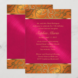 Invitación Quinceañera Magenta Rosa Naranja Filigrana Dorada