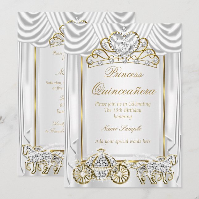 Invitación Quinceañera Mágica Oro Blanco (Anverso / Reverso)