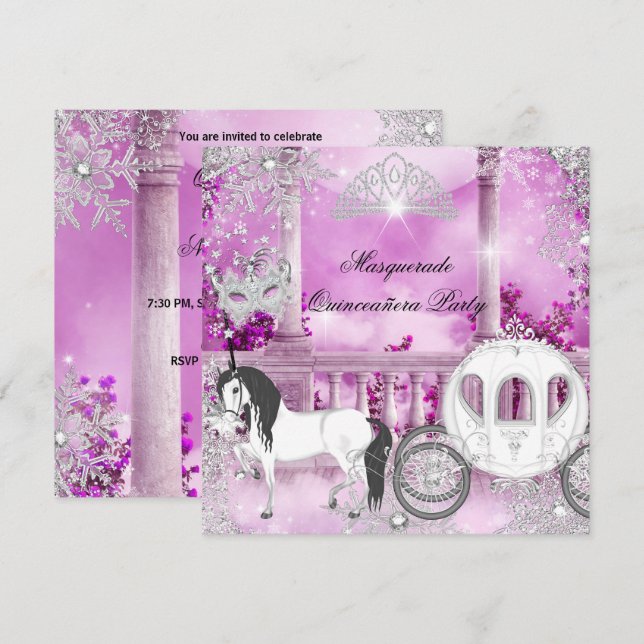 Invitación Quinceanera Magical Princesa Carrito de Caballo Ro (Anverso / Reverso)