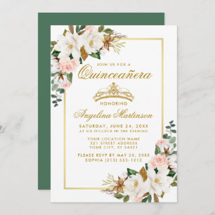 Invitación Quinceanera Magnolia Rosa Dorado Floral Verde