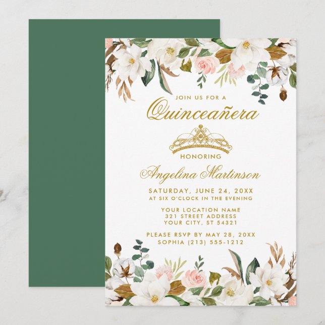 Invitación Quinceanera Magnolias Rosas Floral Green (Anverso / Reverso)