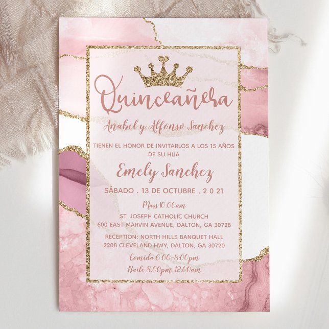 Invitación Quinceañera Marble Agate Rosa Oro Foto Español (Subido por el creador)