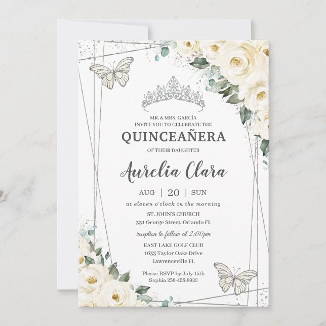 Invitación Quinceañera Marfil Mariposas Florales Blancas Crow (Anverso)